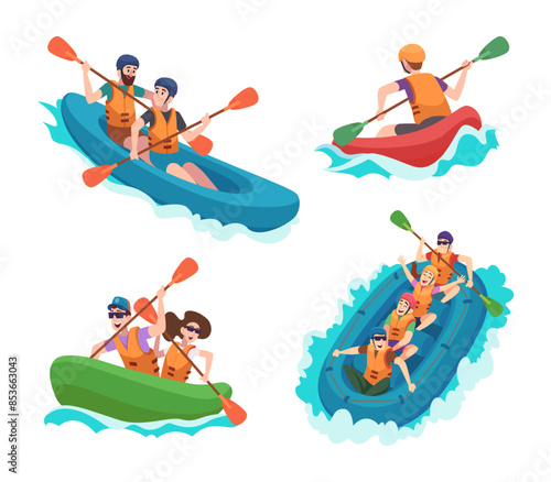 Kayaking. Water sport characters extreme rafting male and female active people exact vector illustrations set