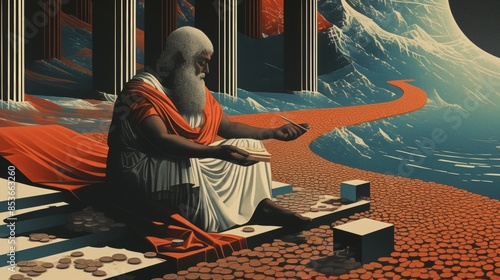 Heraclitus the Obscure contemplating the eternal flux of economic forces amid rivers of coins and shattered scales and columns