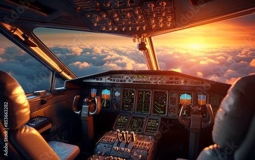 Cockpit of an airplane flying above the clouds at sunrise. 3d rendering
