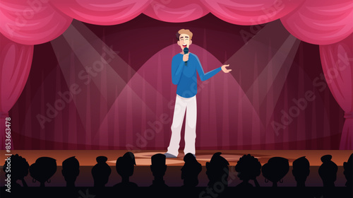 Standup show. Comedian standing at stage holding microphone and joking exact vector laughing people