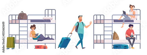 Hostel. Tourists lifestyle travelers spend time in hostel guest room exact vector concept illustrations