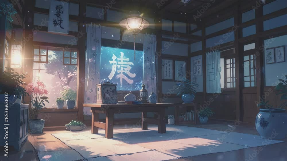 Anime-style Video of a traditional Japanese room with a table, chairs ...