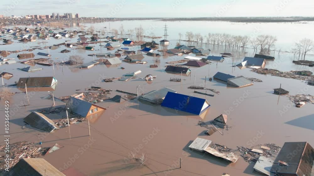 Major flooding. Damaged houses in the flood. The houses were washed ...