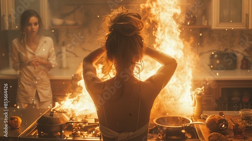 Caught unawares by a stove fire during food preparation, a woman stands petrified amidst the flames and smoke in her kitchen. photo