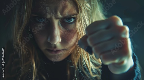 A young woman, filled with terror, cringes in fear, her expressive face and clenched fists indicating overwhelming anxiety and looming dread.