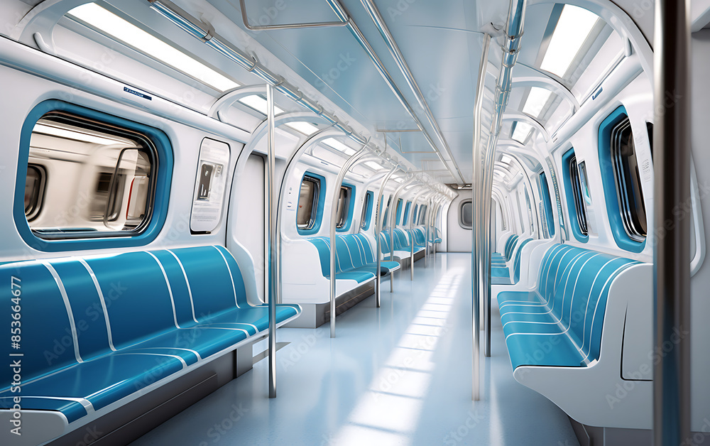 Obraz premium Interior of modern subway train with blue seats. 3D rendering