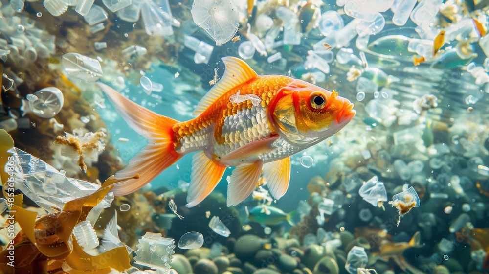 Fish swimming through a sea of plastic debris, representing the threat to marine ecosystems Fish swimming through a sea of plastic debris, representing the threat to marine ecosystems
