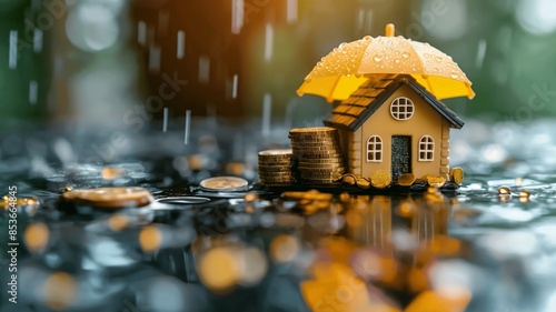 Miniature House Under an Umbrella with Stacked Coins in a Rainy Atmosphere
