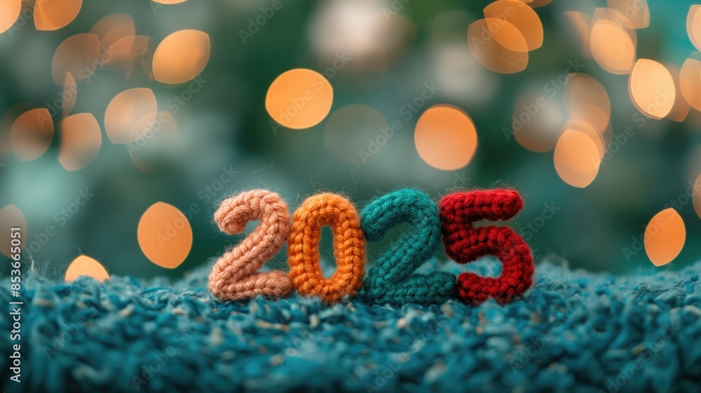 Wool knit numbers 2025 on a bokeh background. Happy New Year greeting card. New Year concept Wool knit numbers 2025 on a bokeh background. Happy New Year greeting card. New Year concept