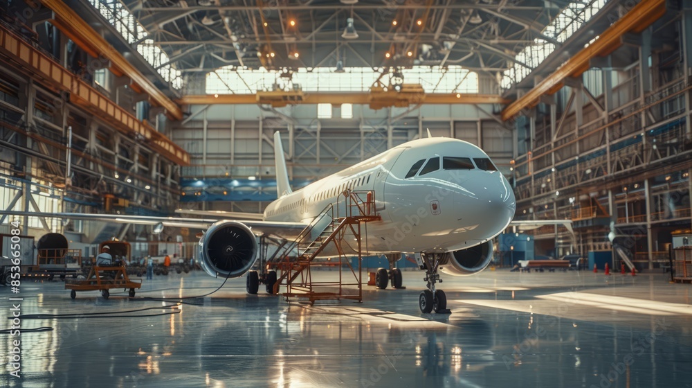 Focused on operational safety, a passenger plane receives thorough maintenance and check-ups within the secure environment of a hangar. Focused on operational safety, a passenger plane receives thorough maintenance and check-ups within the secure environment of a hangar.