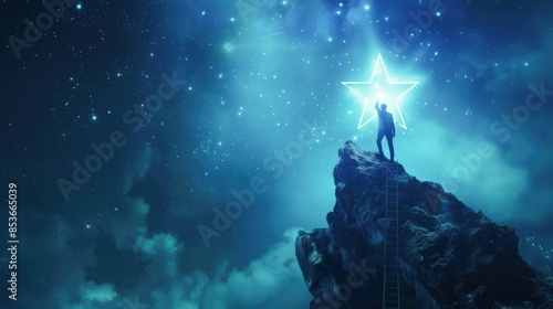 Executive on a ladder reaching for a luminous star, emphasizing ambition and the quest for success
