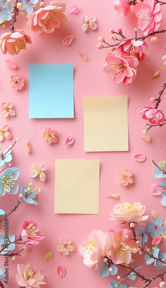 Pastel pink background with blank sticky notes surrounded by floral decorations Pastel pink background with blank sticky notes surrounded by floral decorations