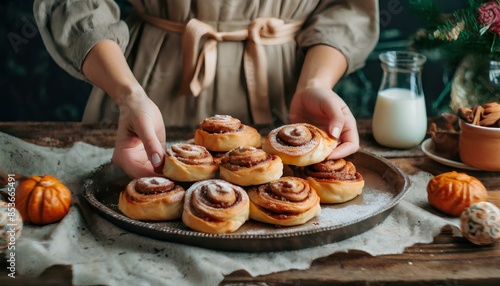 Cinnamon bun on a plate: A close-up photo of a woman's hand holding a freshly baked cinnamon bun on a rustic wooden table photo