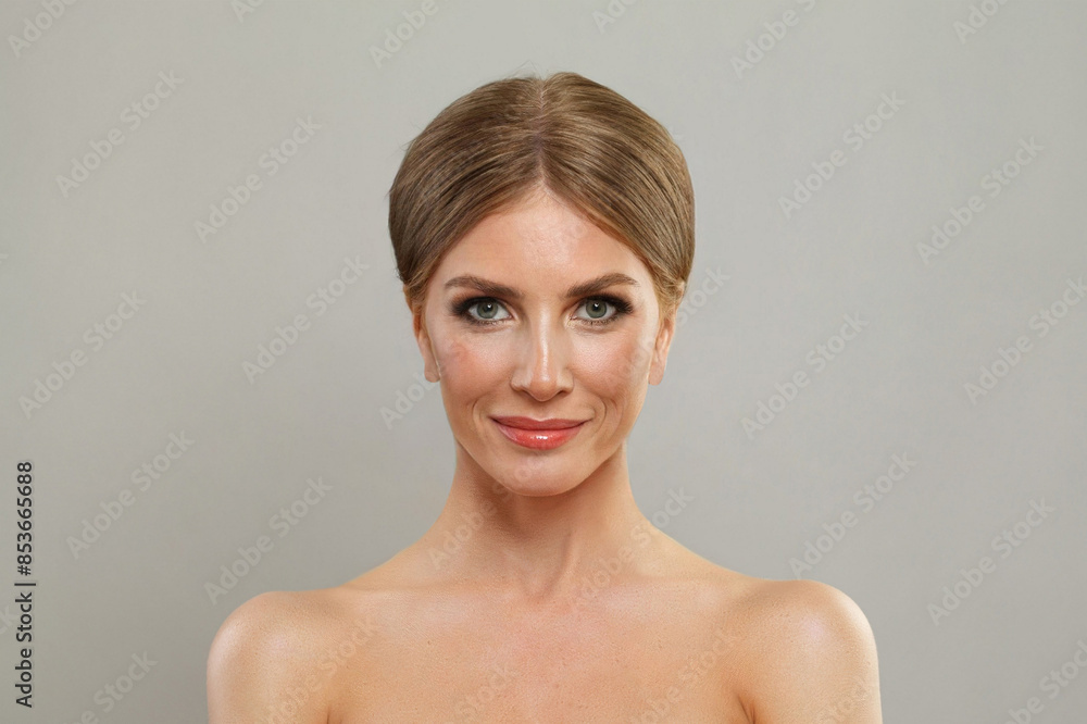 Perfect mature woman looking at camera on grey background. Skin care, cosmetology, facial treatment concept Perfect mature woman looking at camera on grey background. Skin care, cosmetology, facial treatment concept