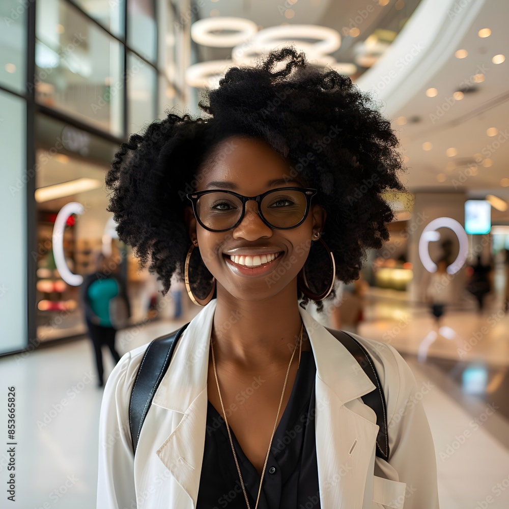 Portrait of a black woman with glasses. She's in a mall. Portrait of a black woman with glasses. She's in a mall.