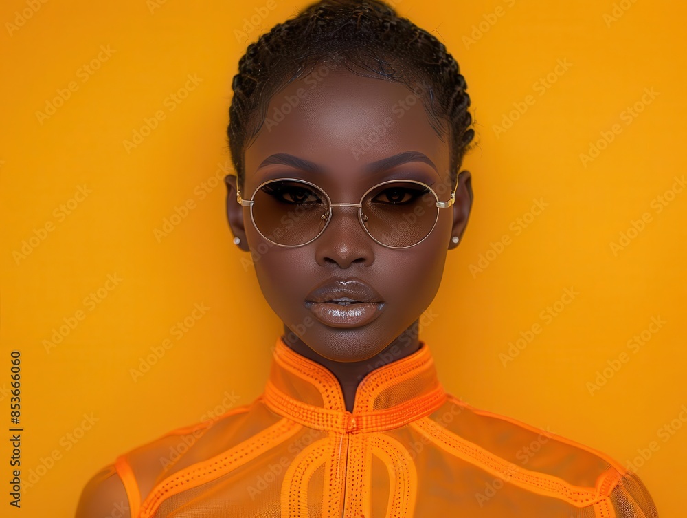 Attractive woman with sunglasses, shopping bags in hand, posing against a yellow backdrop, stylish and detailed Attractive woman with sunglasses, shopping bags in hand, posing against a yellow backdrop, stylish and detailed