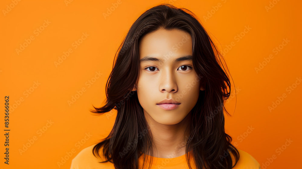 Portrait of a cute handsome happy Asian teenager guy with long hair and perfect skin, orange background, banner. Portrait of a cute handsome happy Asian teenager guy with long hair and perfect skin, orange background, banner.
