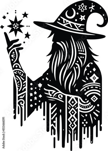 wizard in silhouete with bohemian nature pattern illustration