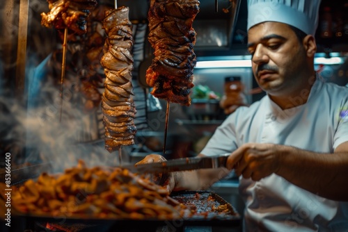 A Middle Eastern chef preparing shawarma, slicing meat from a rotating spit, in a scene filled with the aromas and sounds of sizzling meat.
