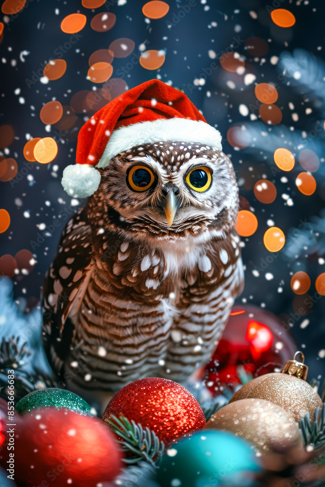 A small owl wearing a red hat and sitting on a Christmas tree A small owl wearing a red hat and sitting on a Christmas tree