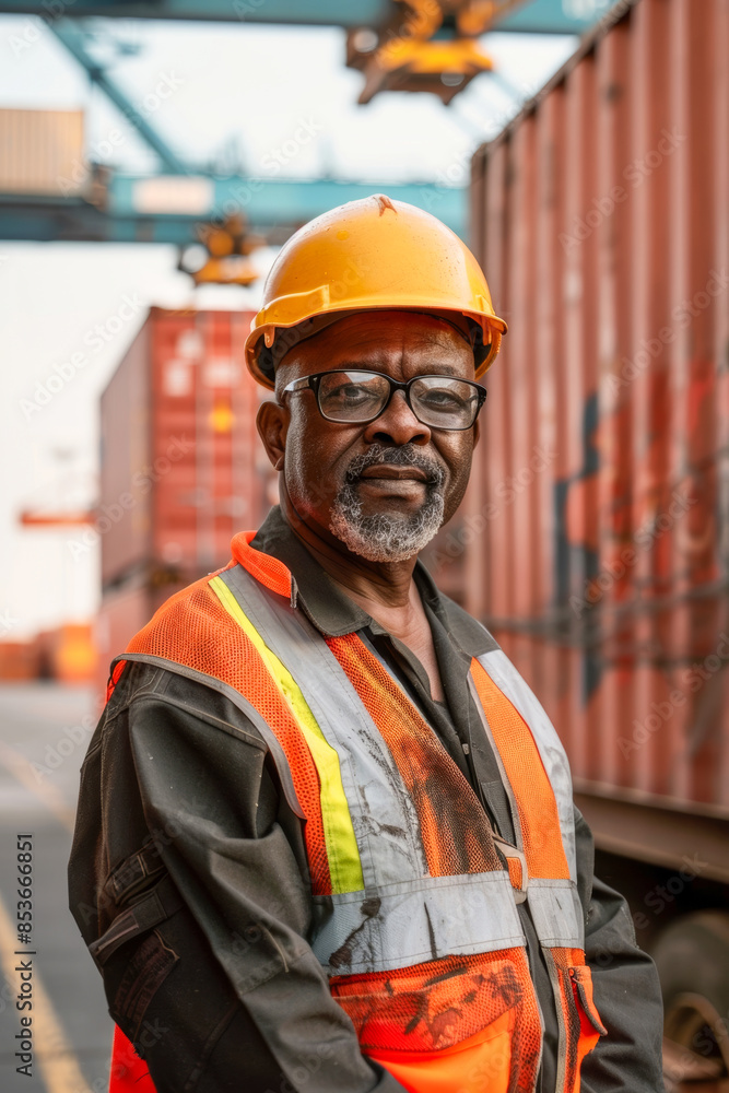 A man wearing a yellow helmet and orange vest stands in front of a red container A man wearing a yellow helmet and orange vest stands in front of a red container