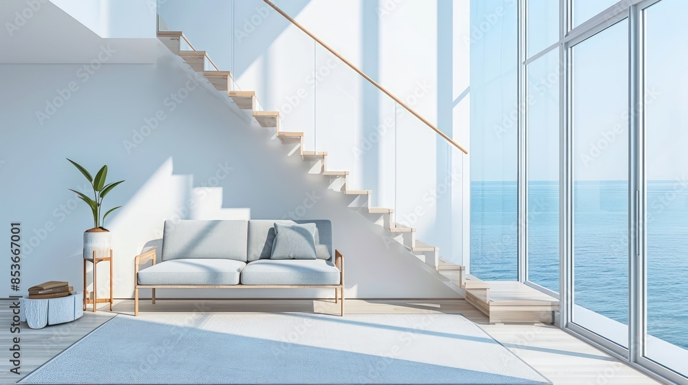 Fototapeta premium Modern Minimalist Living Room with Ocean View