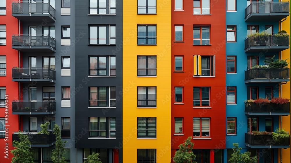 Vibrant Modern Apartment Building Facade with Colorful Panels and Balconies Vibrant Modern Apartment Building Facade with Colorful Panels and Balconies