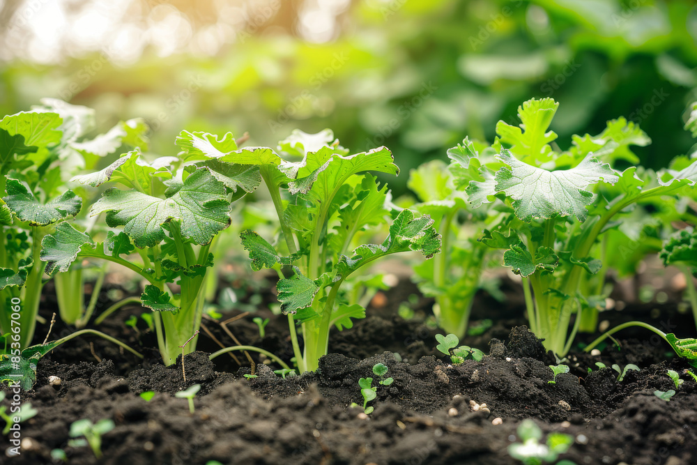 Fresh greens sprout vibrantly in moist soil under warm sunlight, epitomizing growth, vitality, and a flourishing garden. Fresh greens sprout vibrantly in moist soil under warm sunlight, epitomizing growth, vitality, and a flourishing garden.