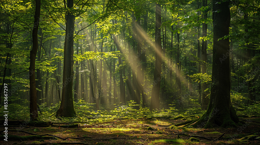 Obraz premium Tropical rainforest summer forest tree leafs daylight light beam shine pass to the ground fresh air and nature plant greenery