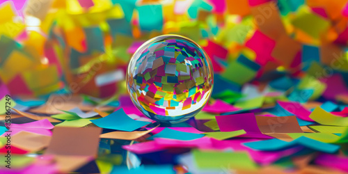 Transparent Orb Centered Among Disarray of Colorful Confetti