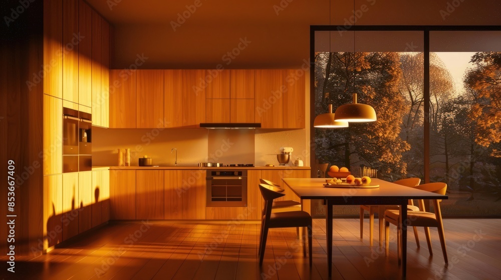 Modern Kitchen with Warm Sunset Hues Modern Kitchen with Warm Sunset Hues