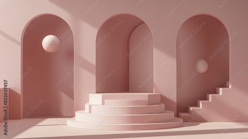 Abstract geometric composition with pastel colors, floating spheres, and arches on a wall, 3D rendering interior design mockup for product display, pink minimal concept with soft focus. Abstract geometric composition with pastel colors, floating spheres, and arches on a wall, 3D rendering interior design mockup for product display, pink minimal concept with soft focus.