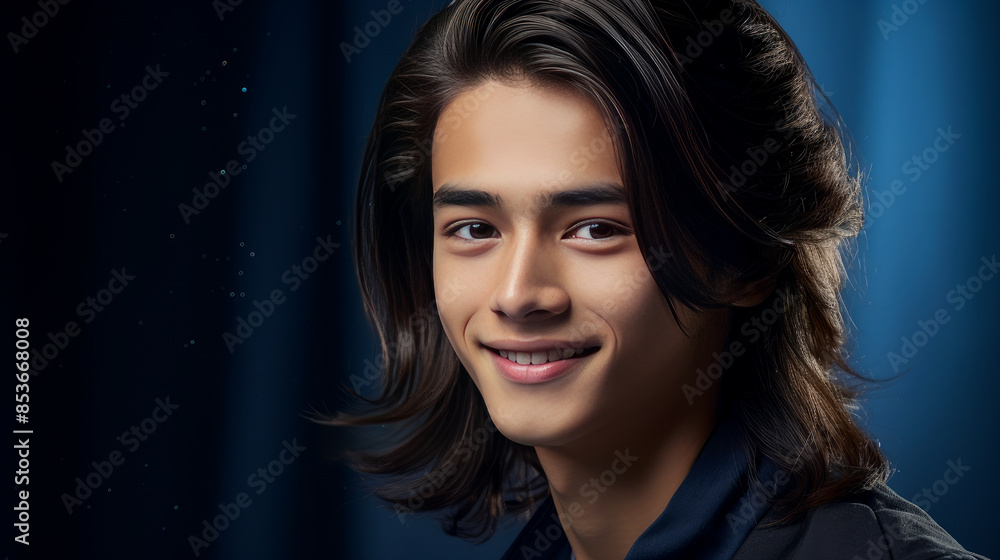 Portrait of a cute handsome happy Asian teenager guy with long hair and perfect skin, dark blue background, banner. Portrait of a cute handsome happy Asian teenager guy with long hair and perfect skin, dark blue background, banner.