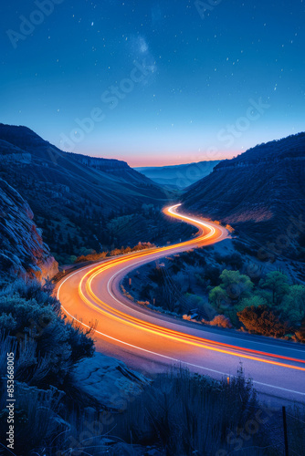 A long, winding road with a bright orange glow in the distance