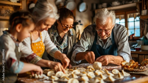 A traditional Polish pierogi making session in a family kitchen, with generations coming together to prepare the dumplings. photo