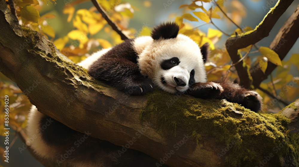 Obraz premium Panda sleeping on a tree, wildlife