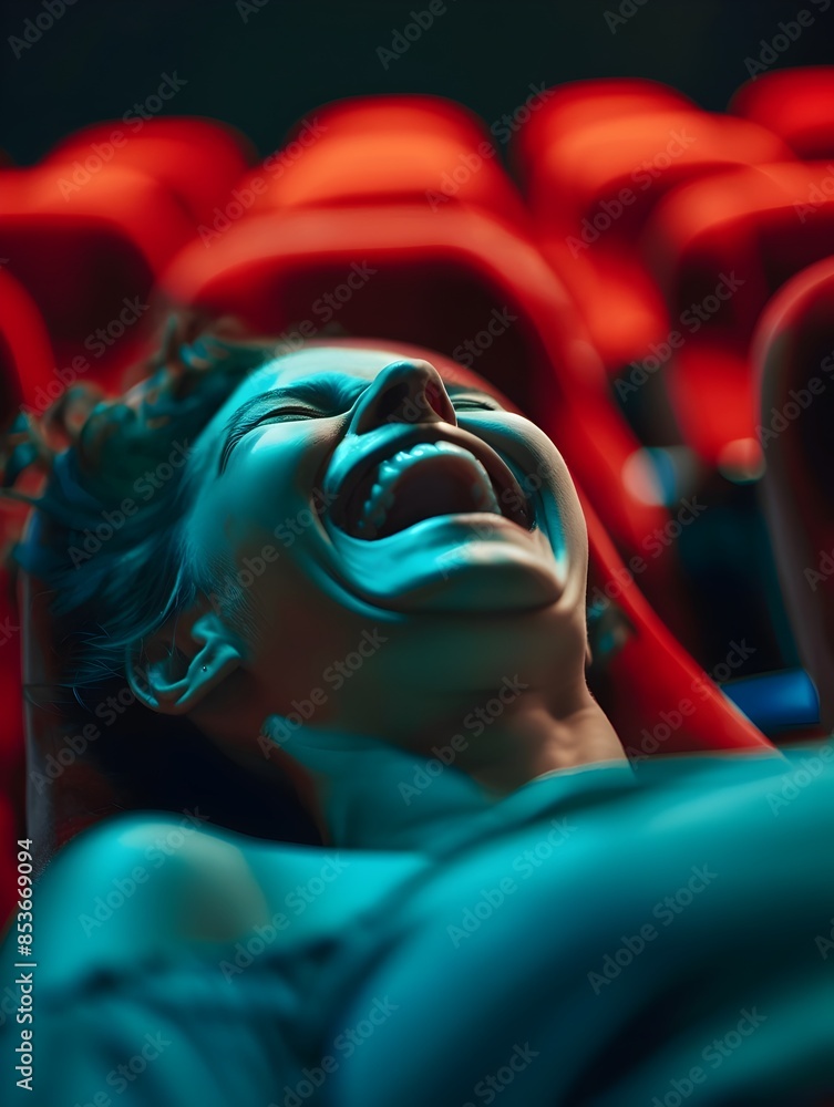 Obraz premium Joyful Woman Watching Movie Alone in Empty Cinema Auditorium