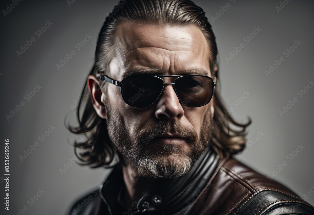 portrait of an American biker man, isolated white background portrait of an American biker man, isolated white background