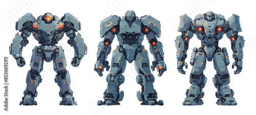 Giant robot cartoon vector illustrations. Steel armor fighter defender doom guy halo cyborg blaster suit future exoskeleton cyborg soldier character, isolated concepts on white background