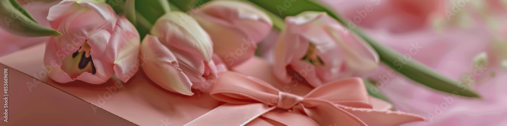 Soft Pink Tulips with Pastel Pink Ribbon on Blush Background Soft Pink Tulips with Pastel Pink Ribbon on Blush Background