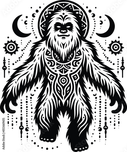 yeti in silhouete with bohemian nature pattern illustration