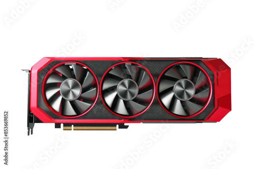 High-end red graphics card with triple fans designed for gaming and high-performance computing applications, isolated on a white background. photo