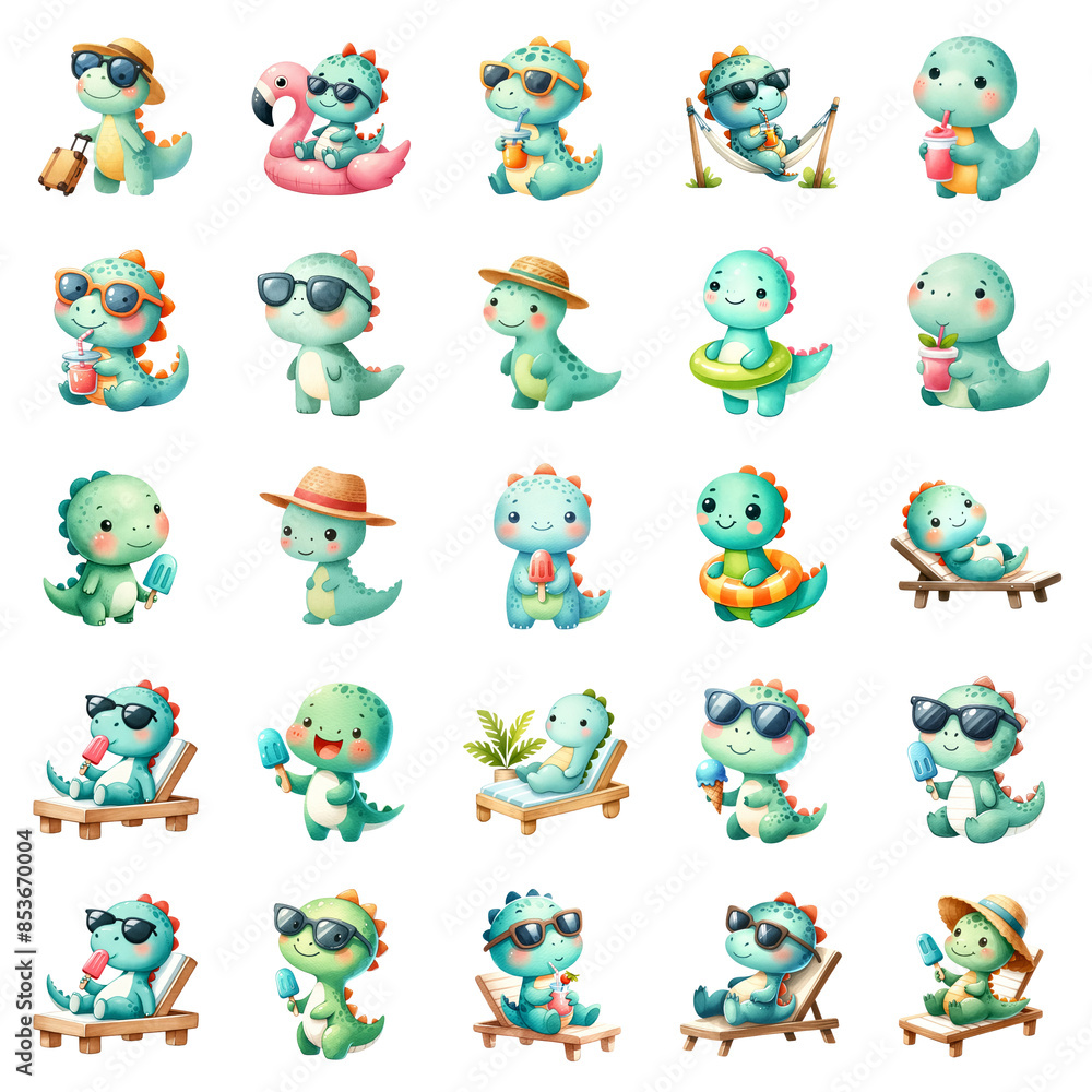 Obraz premium A collection of watercolor adorable cartoon dinosaurs engaging in various summer activities like swimming, eating ice cream, relaxing on the beach.
