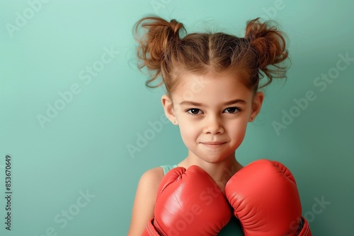 Little girl child wearing boxing gloves. Athlete wearing boxing gloves isolated on blank background. Sports active lifestyle. Professional sports