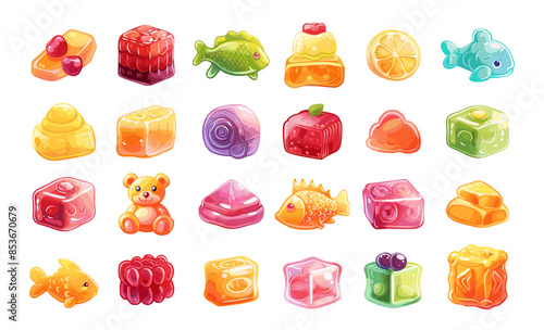 Jelly candies cartoon vector set. Fish bear cube lemon chewy gummy children s sweets, illustration isolated on white background