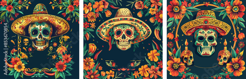 Latin american party cartoon vector concepts. Sombrero hat skull flowers stems mexican holiday patterns vacation celebration, bright color illustration