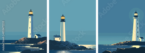 Lighthouse cartoon vector concepts. Tower lantern rock sea beam spotlight light ocean splashes navigation landmark building pointer, color illustrations
