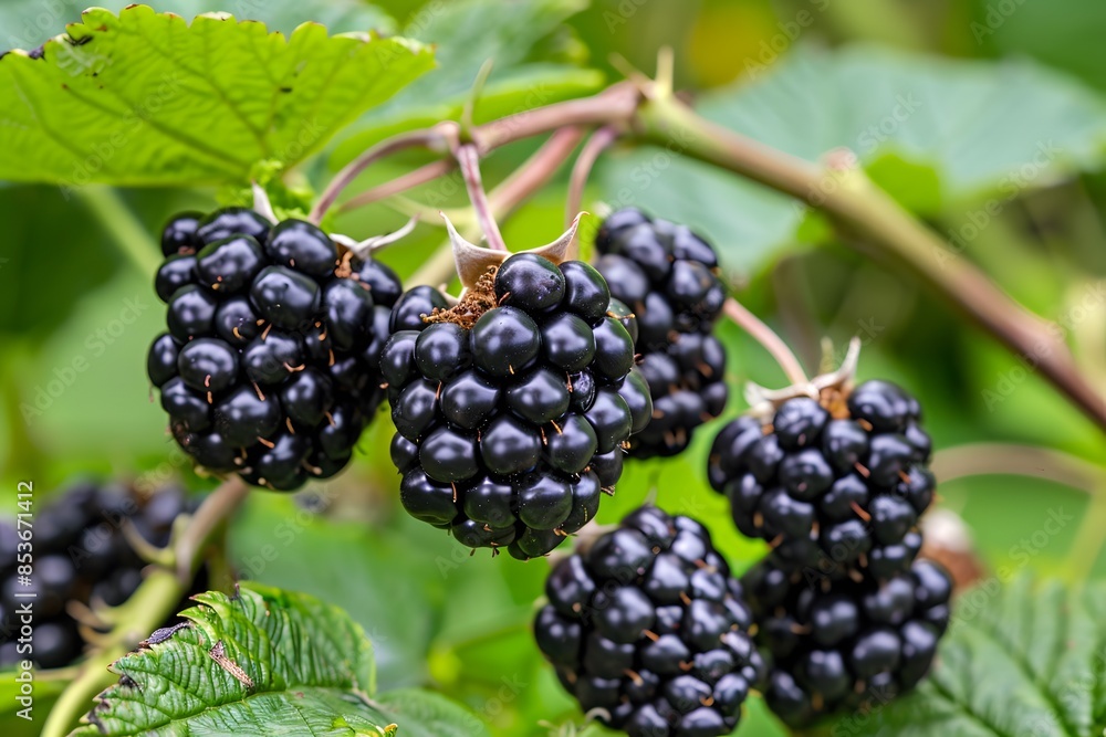 A bunch of black berries are hanging from a bush A bunch of black berries are hanging from a bush
