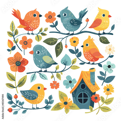 Little birds cartoon vector set. Birdhouse branches flowers buds berries wings feathers songbirds children animal characters isolated on white background