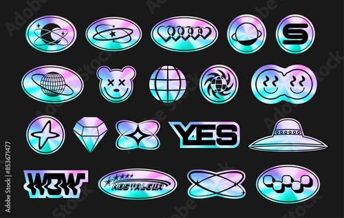 A set of sticker packs in y2k style. Holographic. 3d Retro futuristic design. Foil style labels. Elements. Nostalgia. Trendy Psychedelic. Vector. Gloss and reflect. Chrome. Mockup. Iridescent template